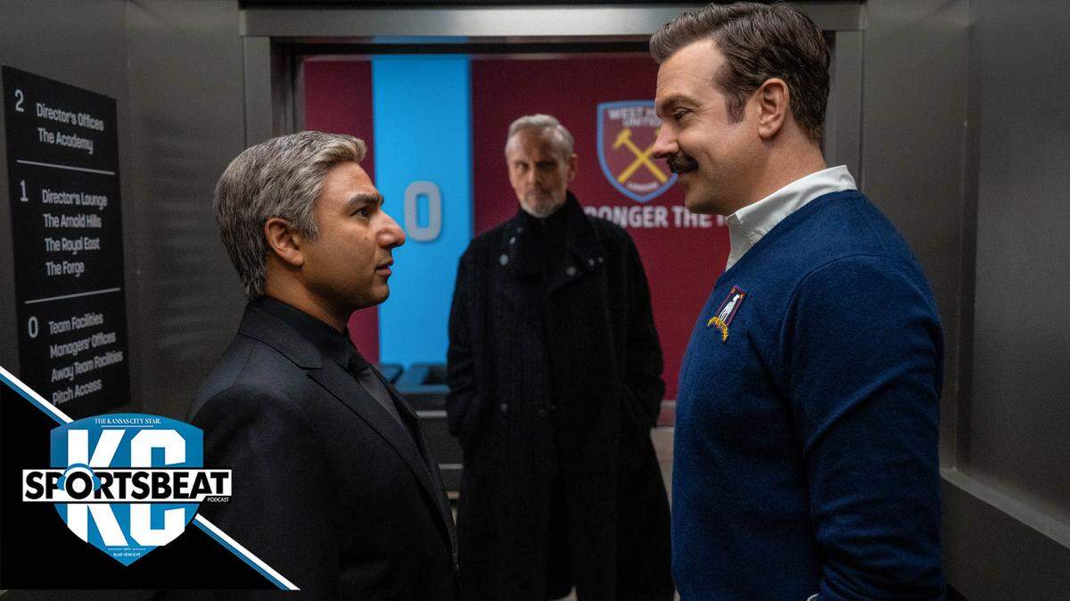 In the new season of “Ted Lasso,” Nate (Nick Mohammed, left) has left Coach Lasso (Jason Sudeikis, right) for a rival team owned by Rupert (Anthony Head).