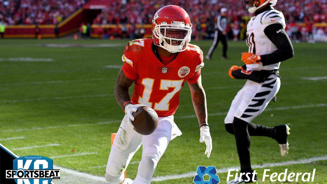 Kansas City Chiefs wide receiver Mecole Hardman runs into the end zone to score in the second quarter. The Kansas City Chiefs hosted the Cincinnati Bengals for the AFC Championship Game at GEHA at Arrowhead Stadium Sunday, Jan. 30, 2022. The Bengals defeated the Chiefs 27-24 in overtime.
