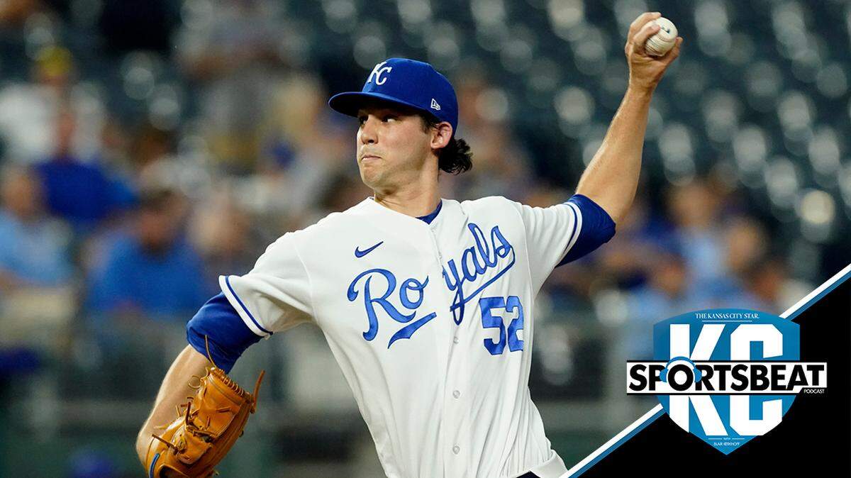 Kansas City Royals starting pitcher Daniel Lynch throws during the first inning of a baseball game against the Cleveland Indians Wednesday, Sept. 29, 2021, in Kansas City, Mo. (AP Photo/Charlie Riedel)