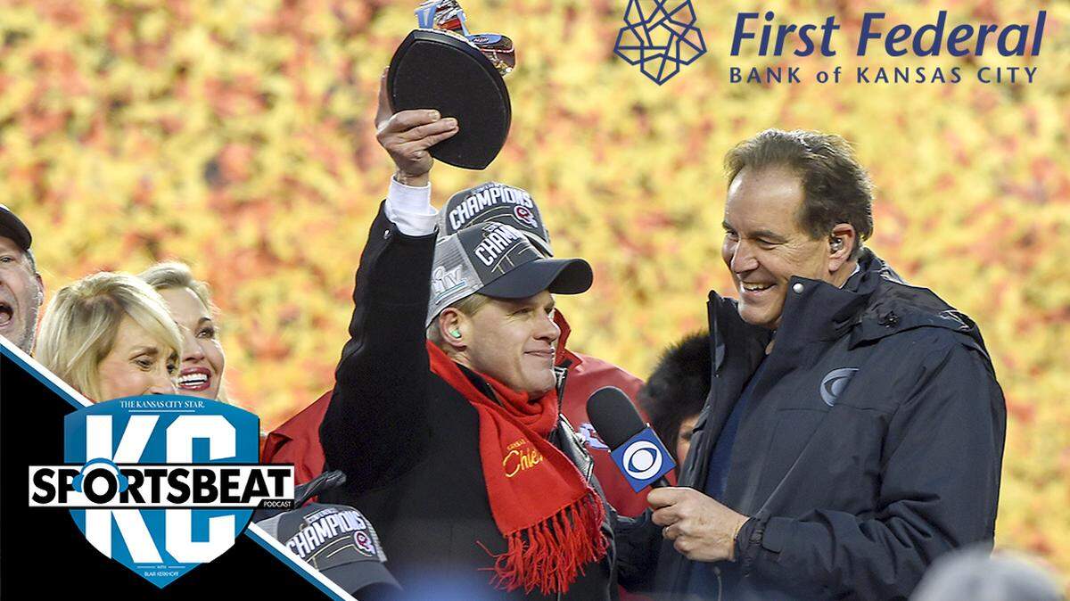 As Norma Hunt and other family members looked on, Clark Hunt hoisted the Lamar Hunt Trophy while talking to broadcaster Jim Nance after the Chiefs captured the AFC Championship by defeating the Tennessee Titans, 35-24, Sunday, Jan. 19, 2020, at Arrowhead Stadium in Kansas City. The trophy is name after Clark’s father, Lamar Hunt.