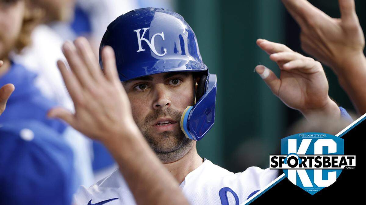 Kansas City Royals’ Whit Merrifield is congratulated in the dugout after scoring from second off a hit by Andrew Benintendi during the second inning of a baseball game against the Texas Rangers in Kansas City, Mo., Monday, June 27, 2022. (AP Photo/Colin E. Braley)