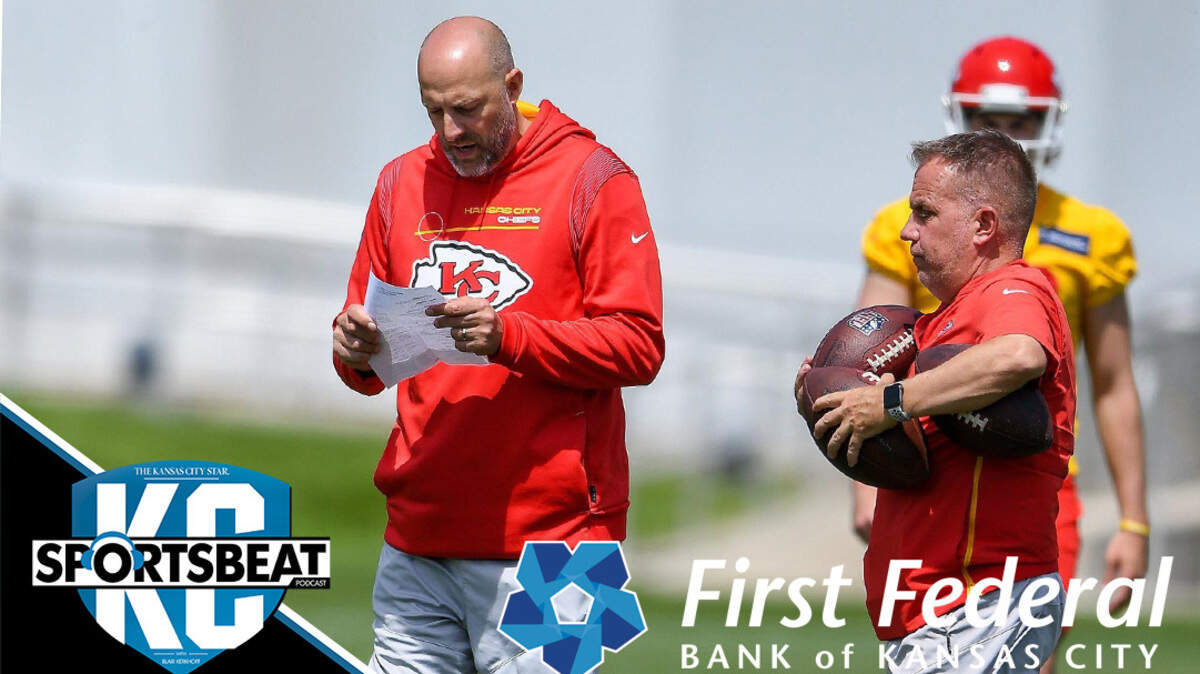 Quarterbacks coach Matt Nagy, left, looked at notes during an OTA at the Chiefs’ training facility Thursday, June 2, 2022.