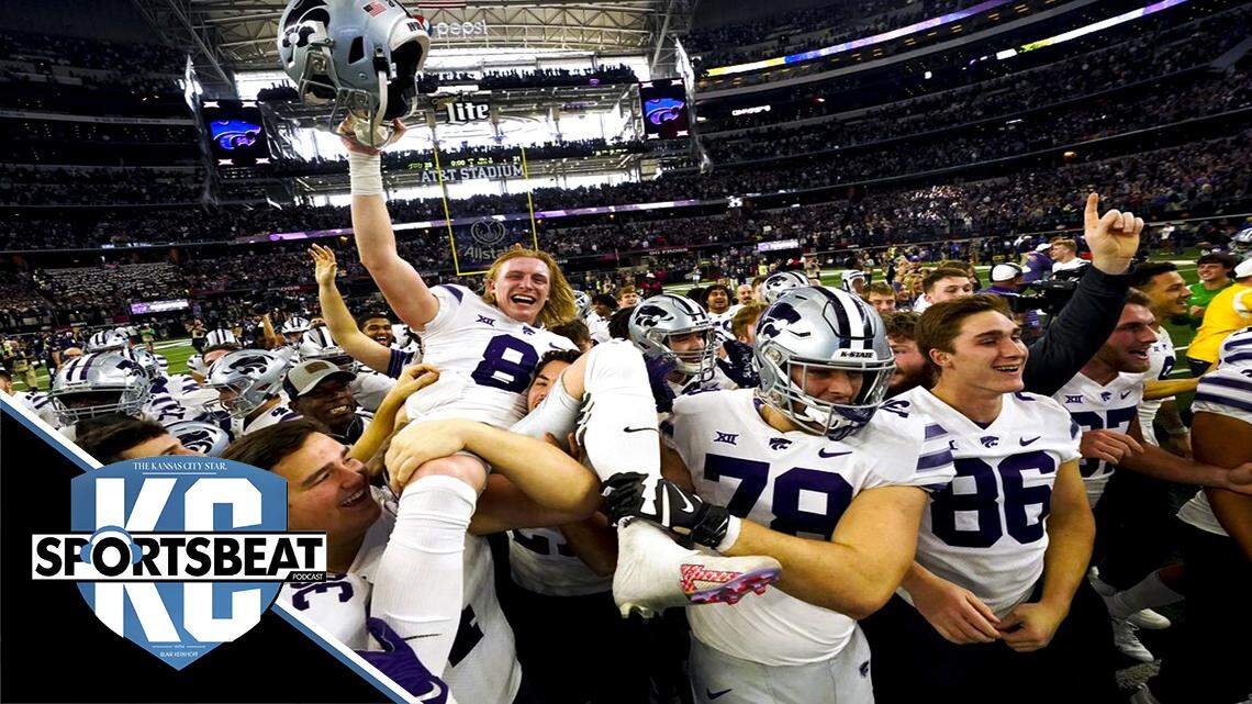 Kansas State’s Ty Zentner (8) is lifted up by his teammates after hitting the game winning field goal in overtime of the Big 12 Conference championship NCAA college football game against TCU, Saturday, Dec. 3, 2022, in Arlington, Texas. (AP Photo/LM Otero)
