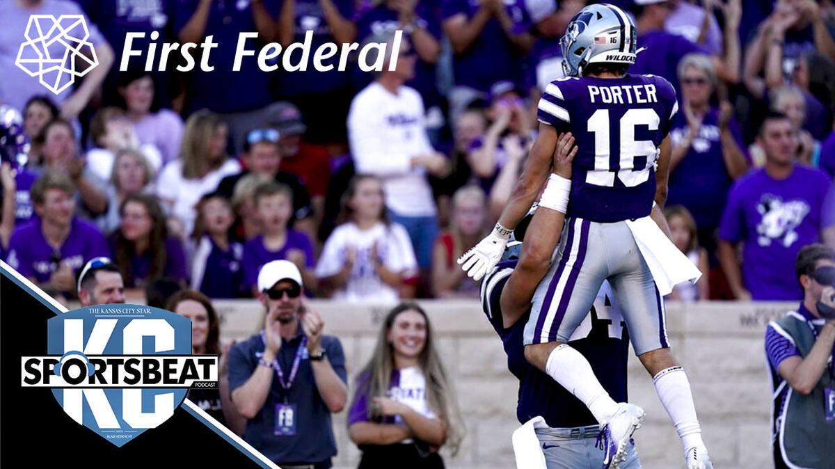 Kansas State wide receiver Seth Porter (16) celebrates with a teammate after blocking a punt resulting in a Kansas State touchdown during the first half of an NCAA college football game against South Dakota Saturday, Sept. 3, 2022, in Manhattan, Kan. (AP Photo/Charlie Riedel)