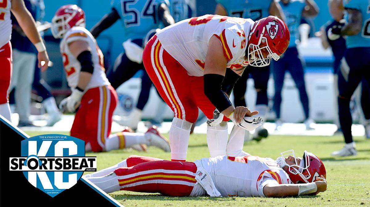 Kansas City Chiefs quarterback Patrick Mahomes is helped up by Mike Remmers (75) after Mahomes was hit in the second half of an NFL football game against the Tennessee Titans Sunday, Oct. 24, 2021, in Nashville, Tenn. (AP Photo/Mark Zaleski)