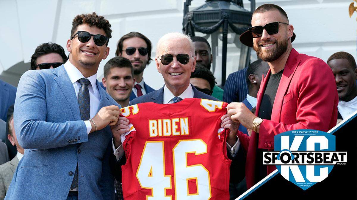 Kansas City Chiefs quarterback Patrick Mahomes and tight end Travis Kelce present President Joe Biden with a jersey as he welcomed the Chiefs to the White House in Washington, Monday, June 5, 2023, to celebrate their victory in Super Bowl LVII.