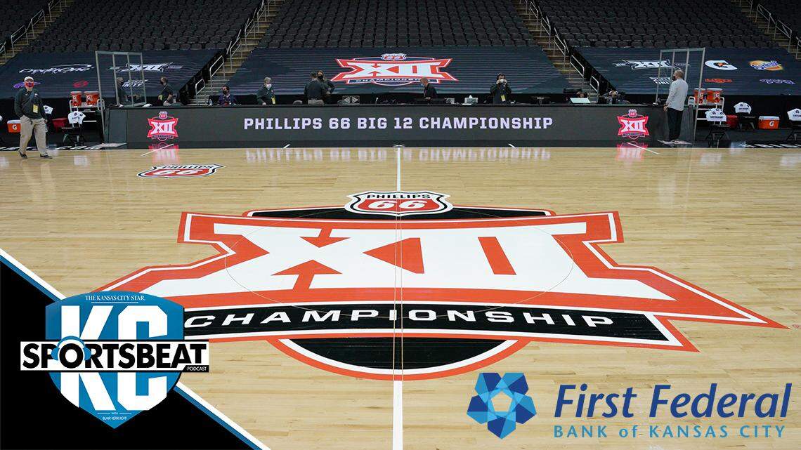 A general view of the center court logo during the Phillips 66 Big 12 Basketball Championship at the T-Mobile Center in Kansas City, Missouri on March 10, 2021. (Denny Medley\Big 12 Conference)