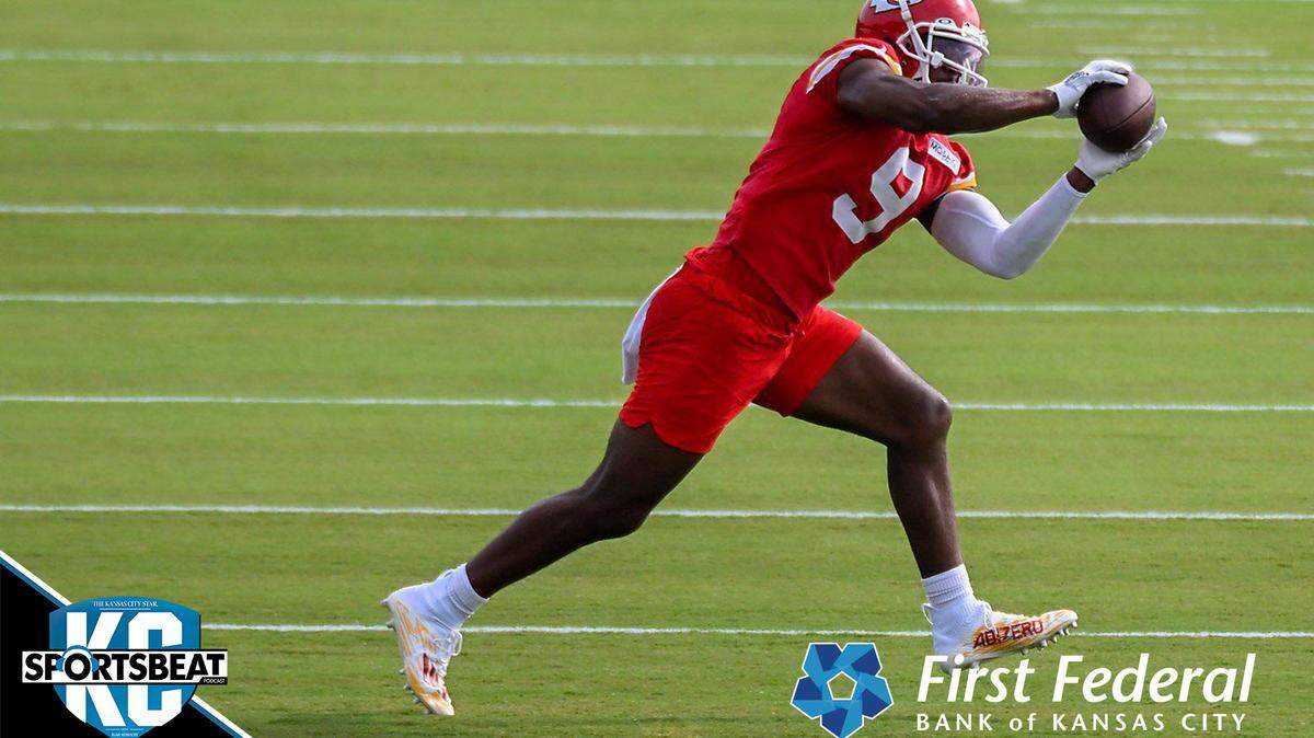 Chiefs wide receiver JuJu Smith-Schuster snagged a pass during training camp on Wednesday, July 27, 2022 at Missouri Western State University, in St. Joseph, Missouri.