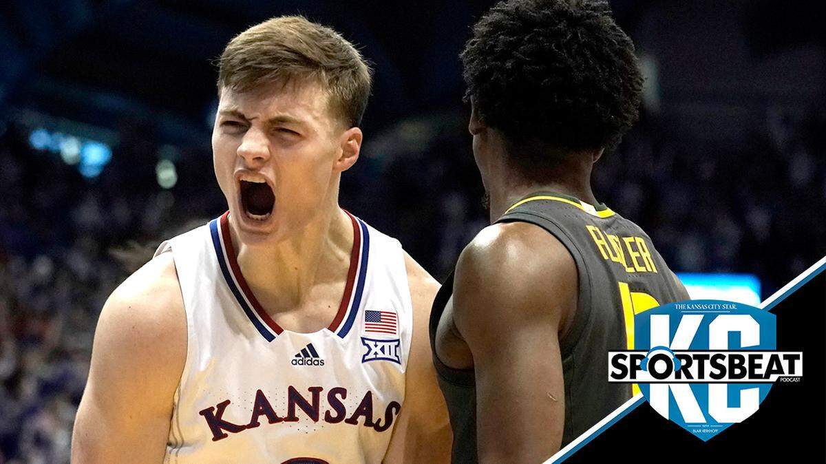 Kansas guard Christian Braun (2) celebrates after a shot during the first half of an NCAA college basketball game against Baylor Saturday, Feb. 5, 2022, in Lawrence, Kan. (AP Photo/Charlie Riedel)