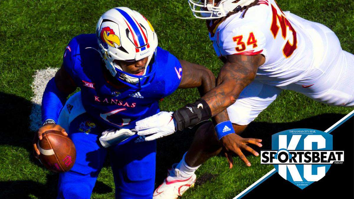 Iowa State linebacker O’Rien Vance (34) pressures Kansas quarterback Jalon Daniels (6) during the first half of an NCAA college football game, Saturday, Oct. 1, 2022, in Lawrence, Kan. (AP Reed/Hoffmann)