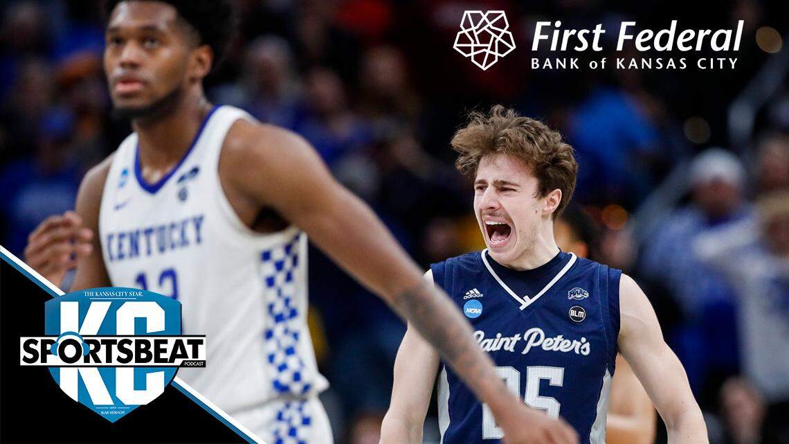 St. Peter’s guard Doug Edert (25) celebrates after hitting a three-point shot during the Peacocks’ victory over the Kentucky Wildcats on Thursday, March 17, 2021 in a first-round NCAA Tournament game at Gainbridge Fieldhouse in Indianapolis.