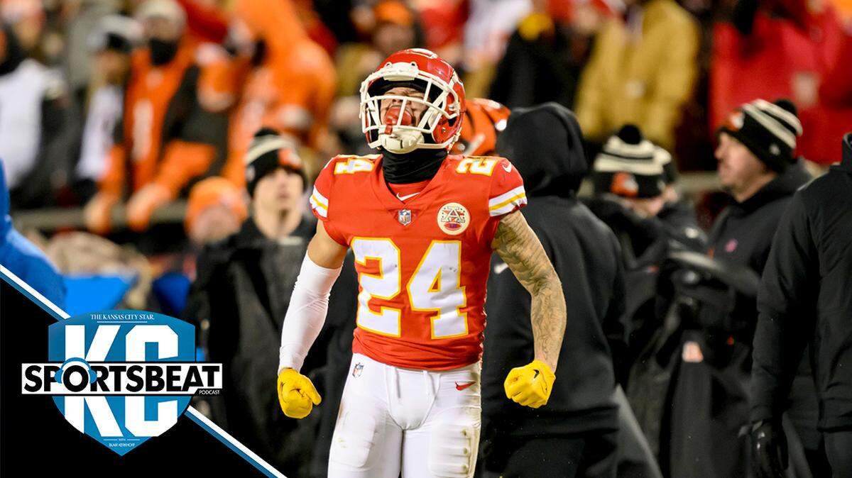 Kansas City Chiefs wide receiver Skyy Moore (24) celebrates a punt runback with teammate Chiefs safety Deon Bush (26) during during the second half of the AFC Championship Game against the Cincinnati Bengals, Sunday, Jan. 29, 2023 in Kansas City, Mo.