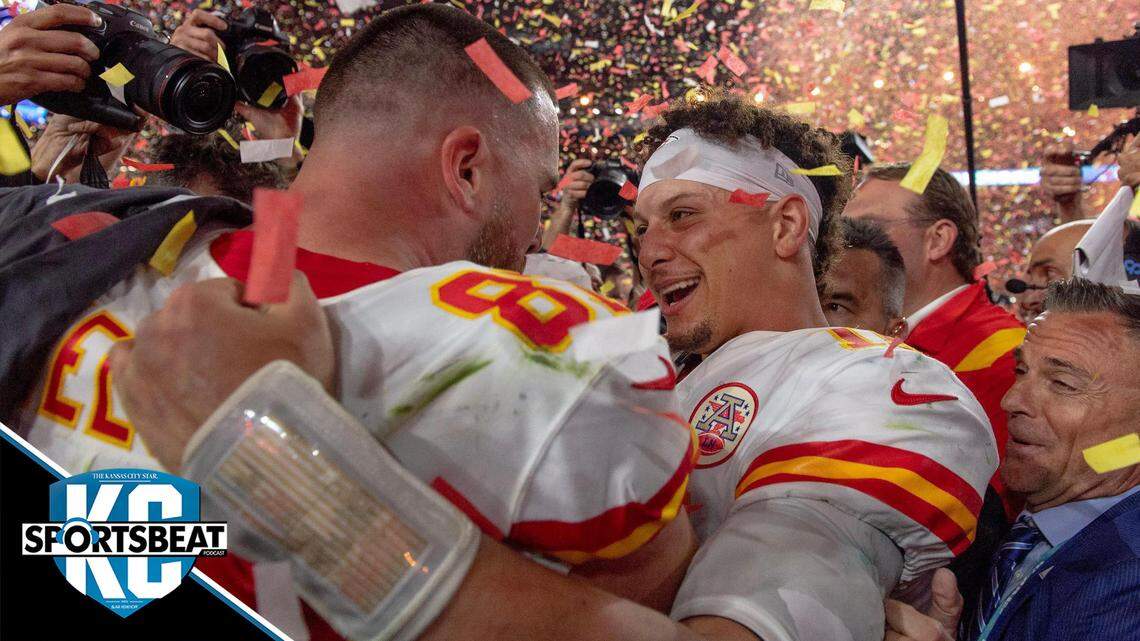 Kansas City Chiefs quarterback Patrick Mahomes celebrates with tight end Travis Kelce after defeating the Philadelphia Eagles 38-35 in the Super Bowl LVII football game on Sunday, Feb. 12, 2023, in Glendale, Ariz.