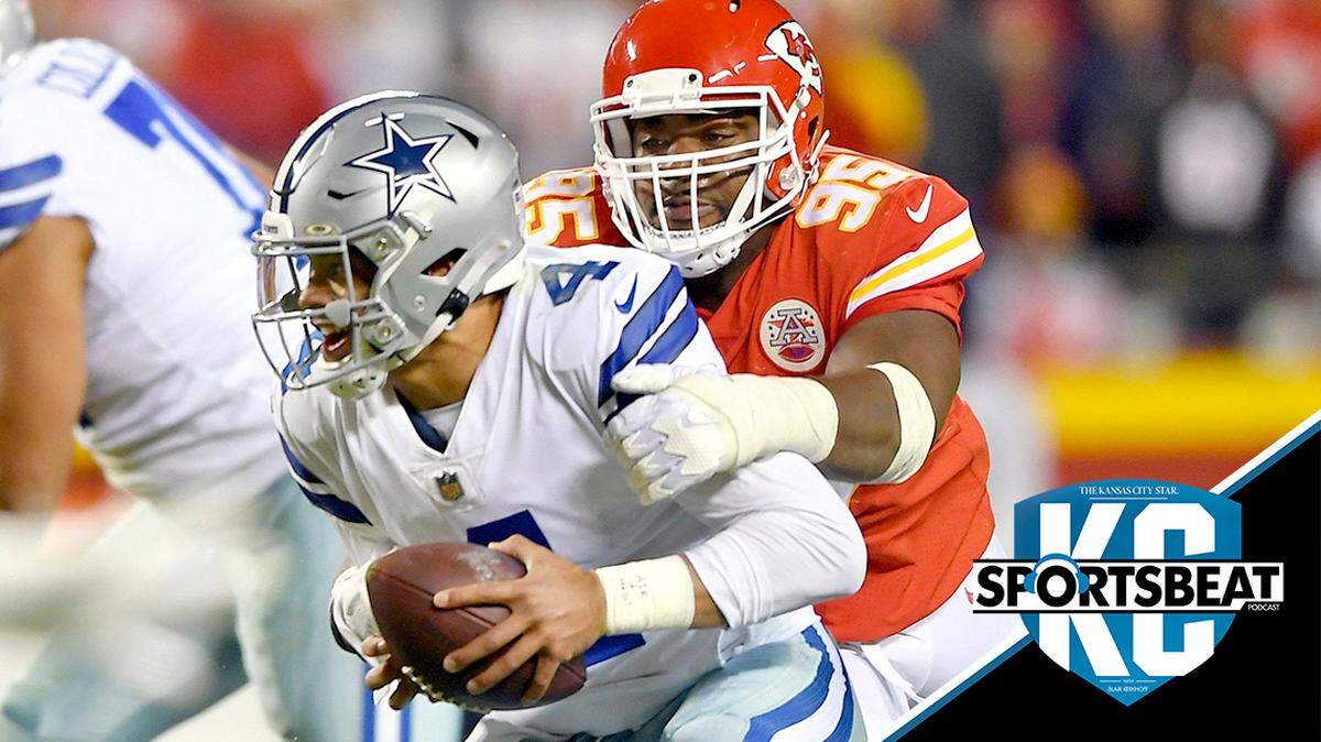 Dallas Cowboys quarterback Dak Prescott (4) was tackled by Kansas City Chiefs defensive end Chris Jones (95) during the second-half of the Dallas-Kansas City game on Sunday, Nov. 21, 2021 at Arrowhead Stadium in Kansas City.