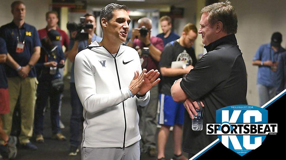 During a chance meeting Thursday afternoon in the bowels of the Alamodome, where this weekend’s Final Four is being held, KU coach Bill Self (right) jokingly told Villanova coach Jay Wright that his team didn’t need to practice. The teams will meet Saturday in the national semi-finals.