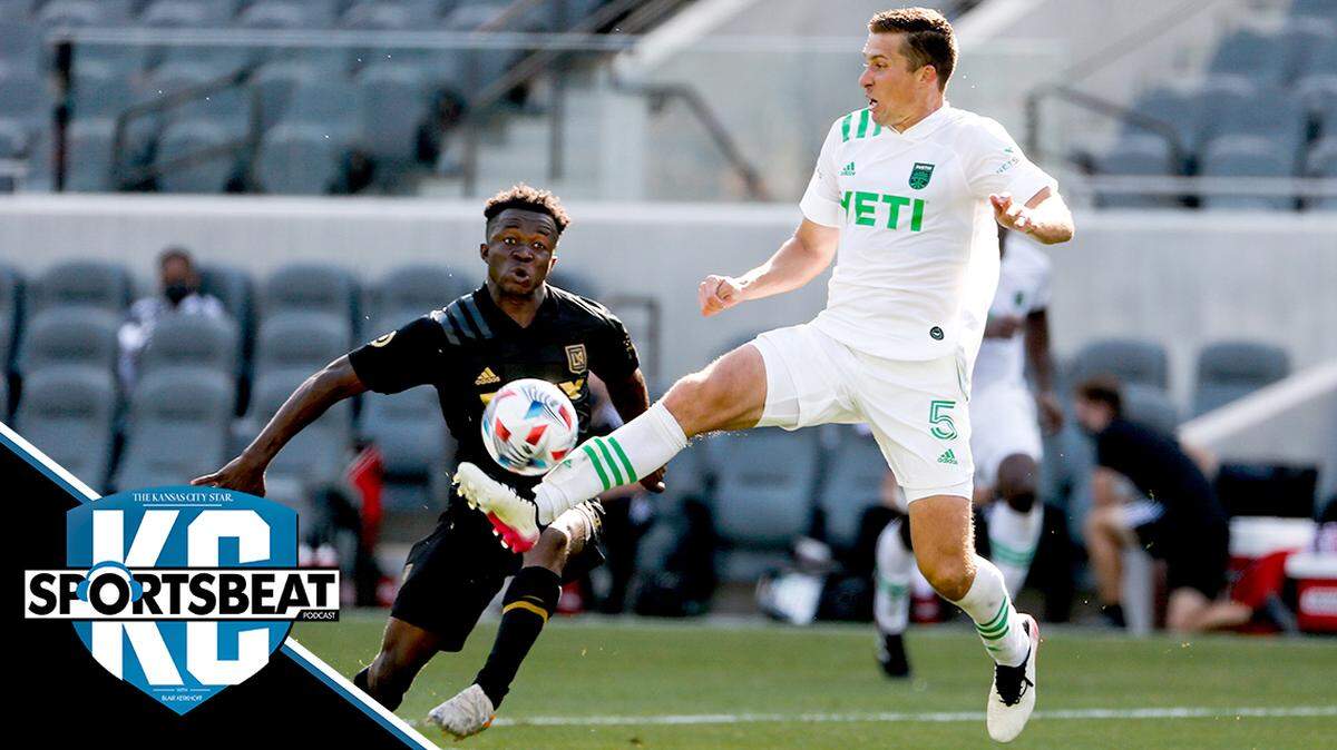 Austin FC defender Matt Besler (5) controls the ball next to Los Angeles FC forward Kwadeo Opoku during the second half of an MLS soccer match Saturday, April 17, 2021, in Los Angeles. (AP Photo/Ringo H.W. Chiu)