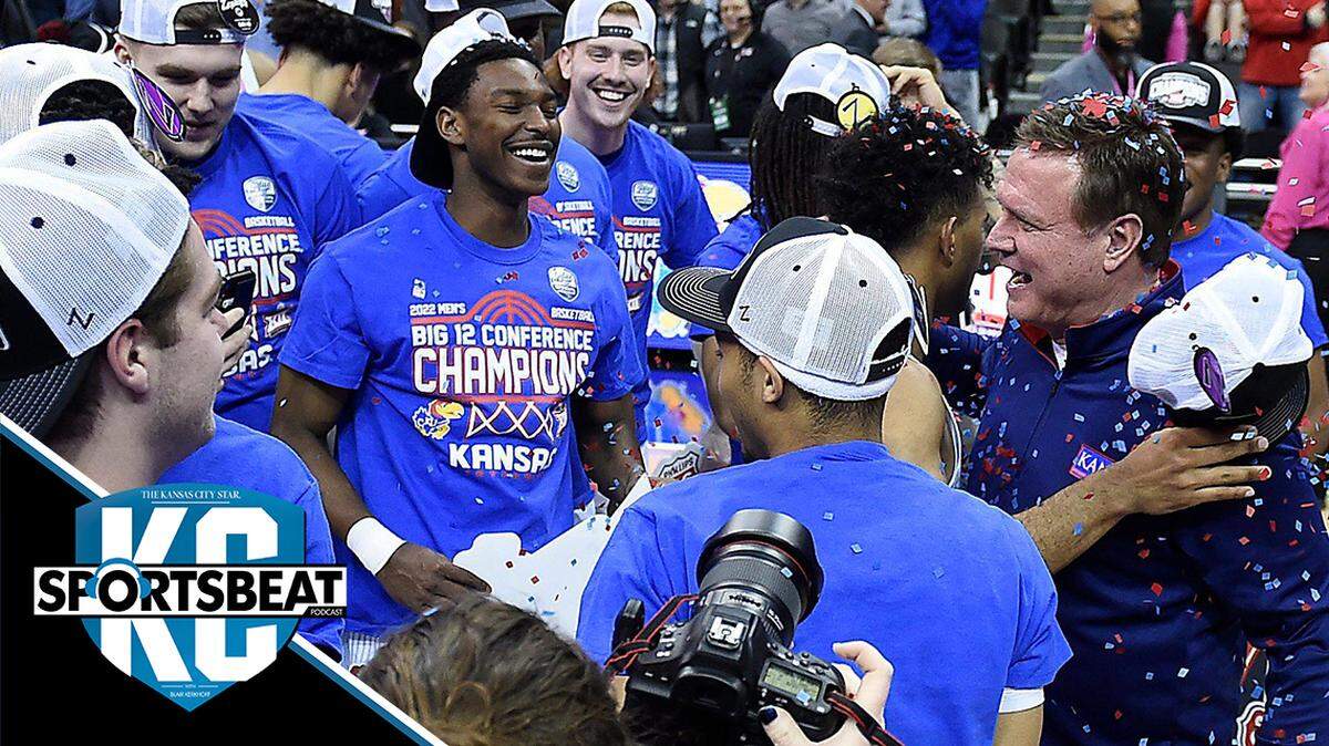 Kansas coach Bill Self was showered with confetti by his players after the Jayhawks’ 74-65 win over Texas Tech in the Big 12 Tournament championship game Saturday at the T-Mobile Center.