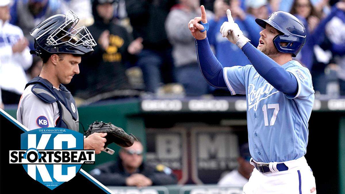 Kansas City Royals’ Hunter Dozier (16) crosses the plate past Detroit Tigers catcher Dustin Garneau after hitting a two-run home run during the sixth inning of a baseball game Saturday, April 16, 2022, in Kansas City, Mo. (AP Photo/Charlie Riedel)
