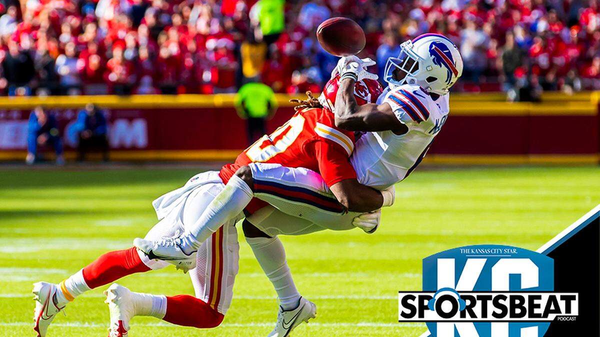 Kansas City Chiefs safety Justin Reid (20) hits Buffalo Bills wide receiver Isaiah McKenzie (6) jarring the ball loose during the game between the Kansas City Chiefs and the Buffalo Bills on Sunday October 16, 2022 at Arrowhead Stadium in Kansas City, Missouri