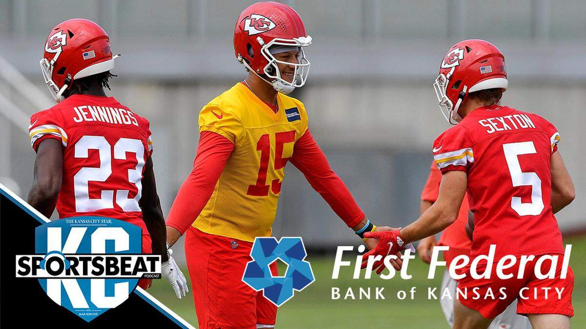 Chiefs quarterback Patrick Mahomes pumps up his teammates, Gary Jennings, left, and Mathew Sexton during mini-camp Wednesday at the team’s practice facility.