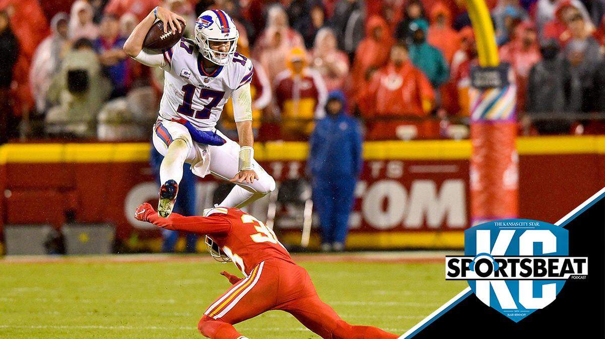 Buffalo Bills quarterback Josh Allen leaps over Kansas City Chiefs cornerback L’Jarius Sneed while scrambling for a first down in the fourth quarter of the Kansas City Chiefs game against the Buffalo Bills at GEHA Field at Arrowhead Stadium Sunday, Oct. 10, 2021. The Bills defeated the Chiefs 38-20.