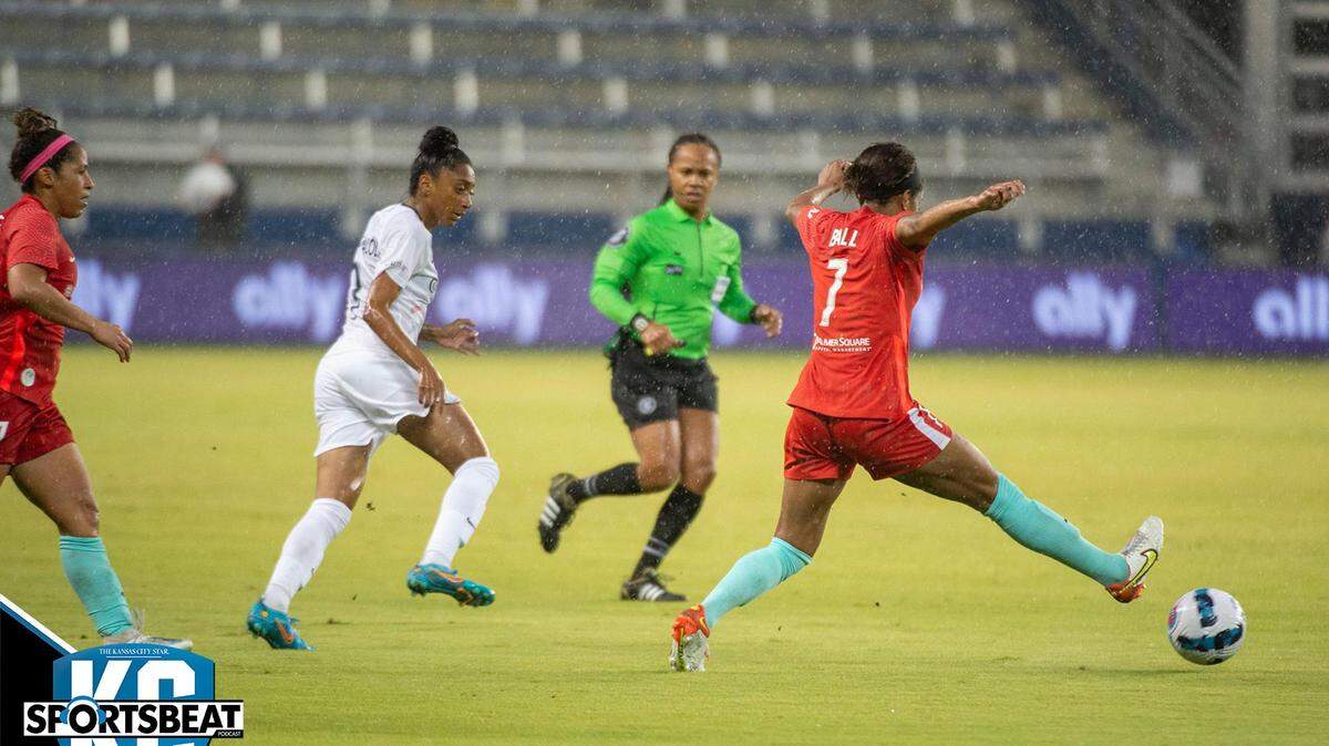 Kansas City Current defender Elizabeth Ball, prepares to pass the ball to a teammate during the first half of KC Current vs. NC Courage at Children’s Mercy Park Wednesday, May 4, 2022.