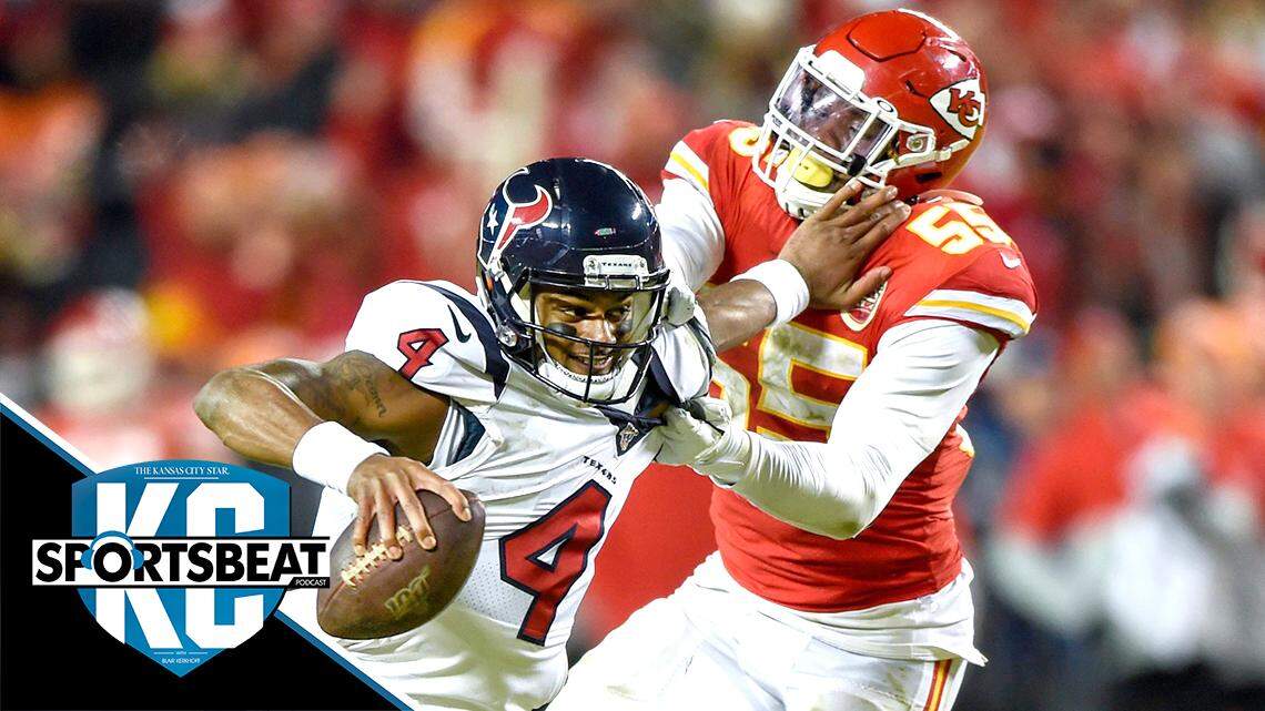 Houston Texans quarterback Deshaun Watson (4) was sacked by Kansas City Chiefs defensive end Frank Clark (55) during fourth quarter of the AFC Divisional playoff Sunday at Arrowhead Stadium in Kansas City.