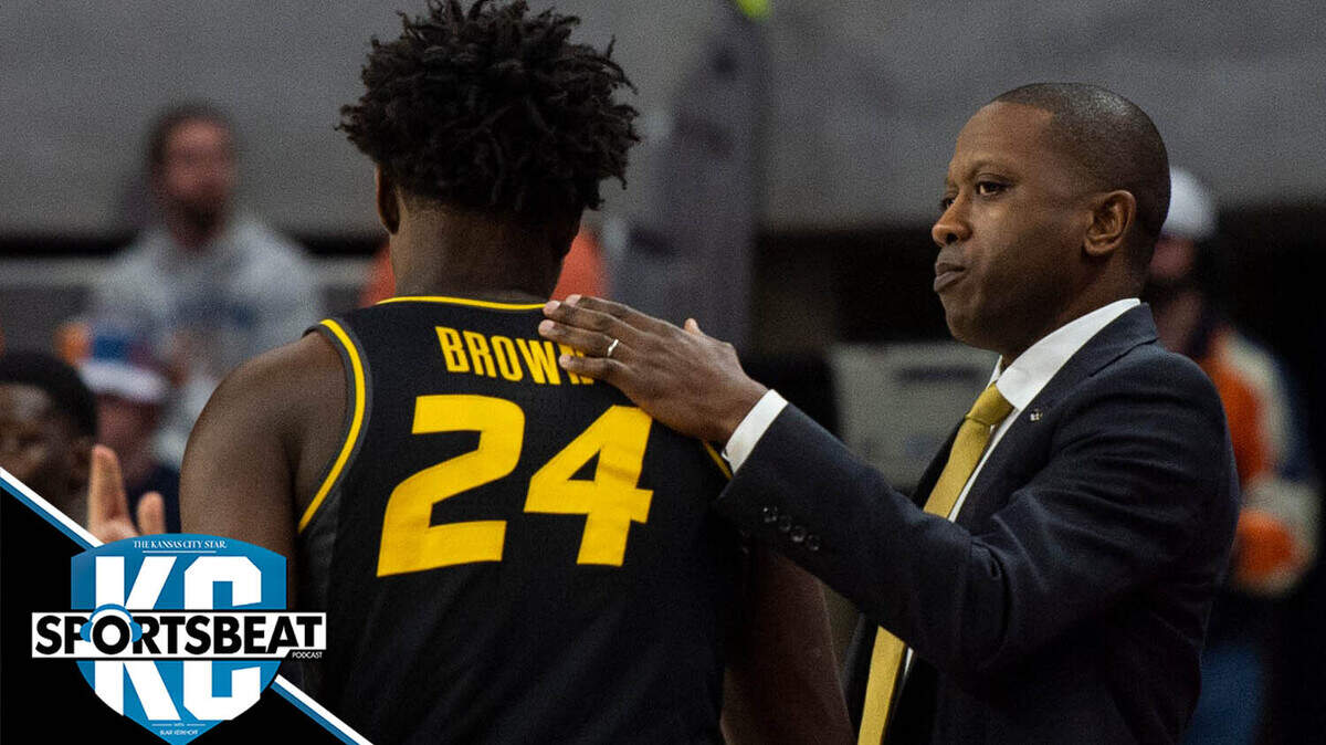 Missouri Tigers head coach Dennis Gates greets Missouri Tigers guard Kobe Brown (24) on the sideline as Auburn Tigers take on Missouri Tigers at Neville Arena in Auburn, Ala., on Tuesday, Feb. 14, 2023. Auburn Tigers lead Missouri Tigers 45-18 at halftime.