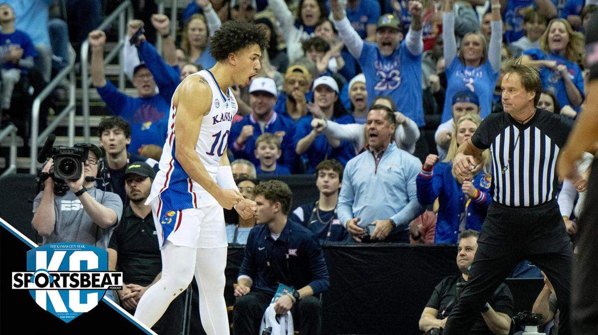 Kansas forward Jalen Wilson (10) celebrates a basket against Texas during the Big 12 Conference tournament championship basketball game Saturday, March 11, 2023, in Kansas City.