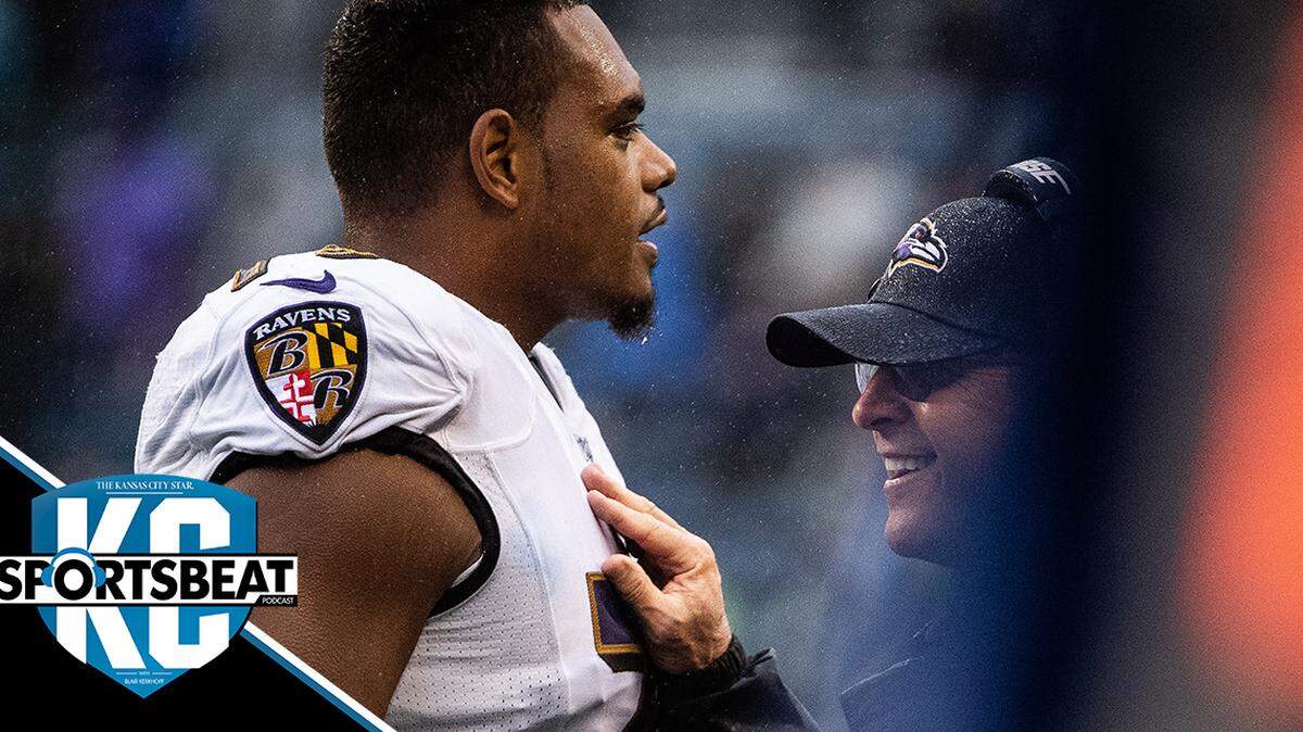 Baltimore Ravens offensive tackle Orlando Brown (78) and Baltimore Ravens head coach John Harbaugh meet after a field goal during the fourth quarter. The Seattle Seahawks played the Baltimore Ravens in a NFL football game at CenturyLink Field in Seattle, Wash., on Sunday, Oct. 20, 2019.