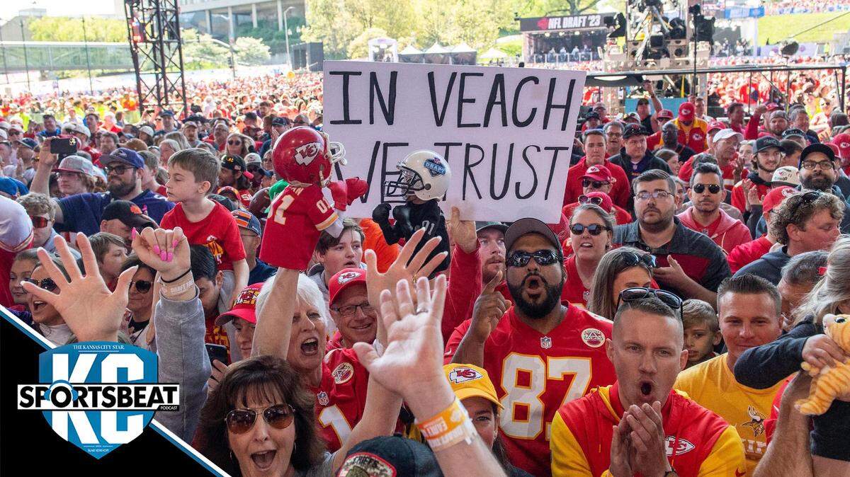 Kansas City Chiefs fans cheer during the fourth round of the NFL Draft outside of Union Station on Saturday, April 29, 2023, in Kansas City.