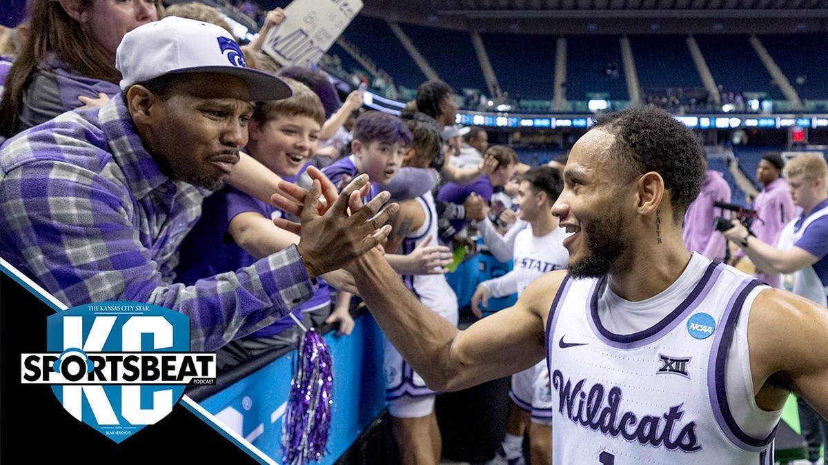 Kansas State’s Markquis Nowell celebrates with fans after the Wildcats secured a spot in the Sweet 16 on Sunday with a win over Kentucky.