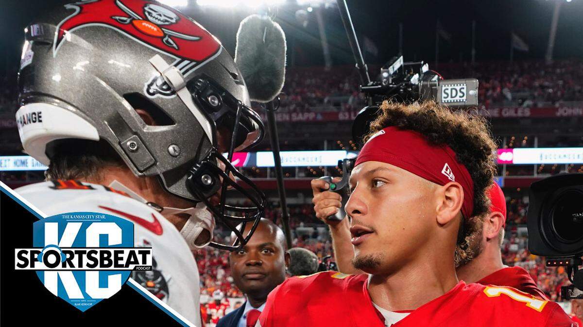 Tampa Bay Buccaneers quarterback Tom Brady (12) and Kansas City Chiefs quarterback Patrick Mahomes (15) greet each other after an NFL football game Sunday, Oct. 2, 2022, in Tampa, Fla. The Chiefs won 41-31.