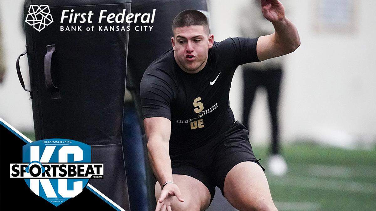 Purdue defensive end George Karlaftis (5) runs a drill during Purdue’s football pro day in West Lafayette, Ind., Tuesday, March 29, 2022. (AP Photo/Michael Conroy)