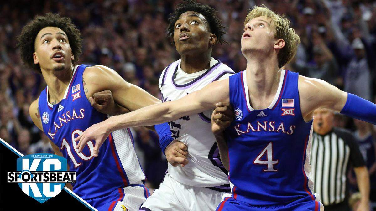 Kansas State forward David N’Guessan (3) is blocked out by Kansas Jayhawks guard Gradey Dick (4) and forward Jalen Wilson (10) at Bramlage Coliseum on Jan. 17, 2023.