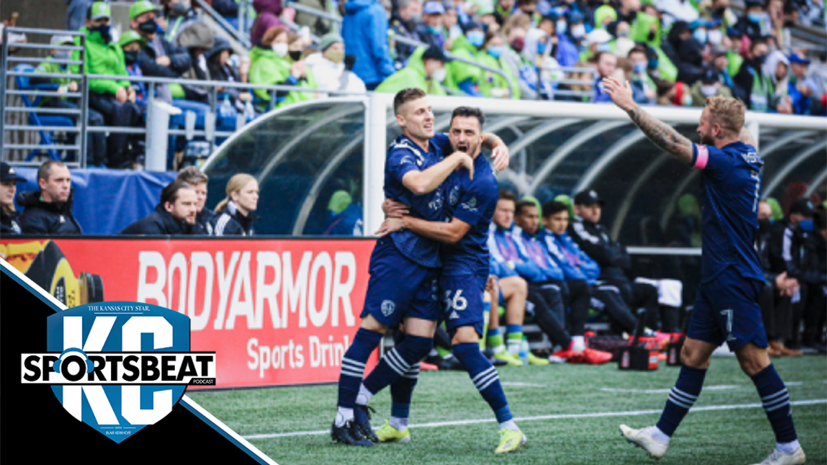 Sporting KC players celebrate the opening goal of the game in the fourth minute Saturday afternoon against the Sounders at Lumen Field in Seattle.