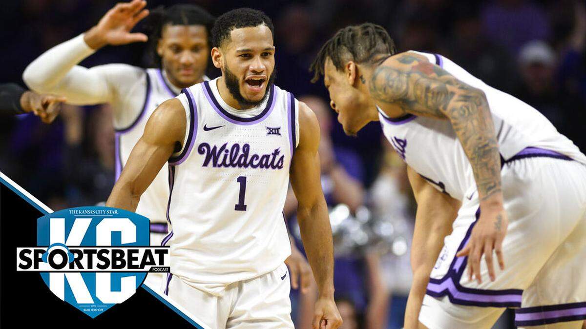 Kansas State guard Markquis Nowell (1) celebrates a play with Kansas State forward Keyontae Johnson, right, during the second half of an NCAA college basketball game against Oklahoma State in Manhattan, Kan., Tuesday, Jan. 10, 2023. (AP Photo/Reed Hoffmann)