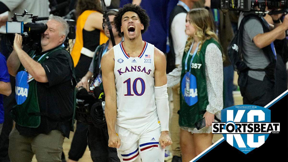 FILE - Kansas’ Jalen Wilson (10) celebrates after a college basketball game against North Carolina in the finals of the Men’s Final Four NCAA tournament on April 4, 2022, in New Orleans. Kansas will start off its season on Nov. 7, against Omaha. (AP Photo/Gerald Herbert, File)