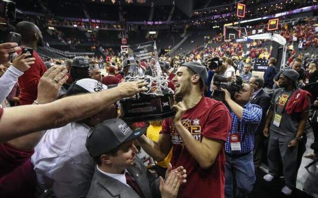 
Iowa State forward Georges Niang carried the Big 12 Championship trophy last month after the Cyclones beat Kansas for the men’s basketball tournament championship in the Sprint Center.
