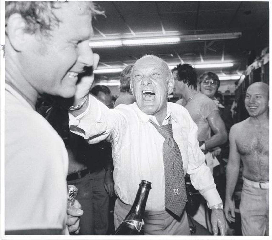 Royals founder Ewing Kauffman celebrates after KC clinched its third straight American League West Division title in 1978.