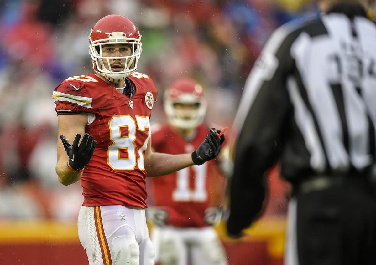 Chiefs tight end Travis Kelce was flagged for a touchdown-negating penalty during a Dec. 13, 2015 game against the Chargers in Kansas City (the Chiefs won 10-3).