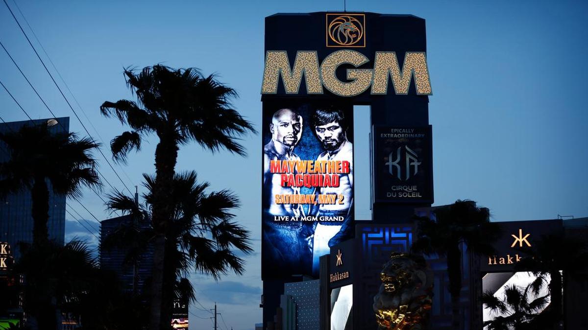 
A sign at the MGM Grand advertises a bout between Floyd Mayweather Jr. and Manny Pacquiao
