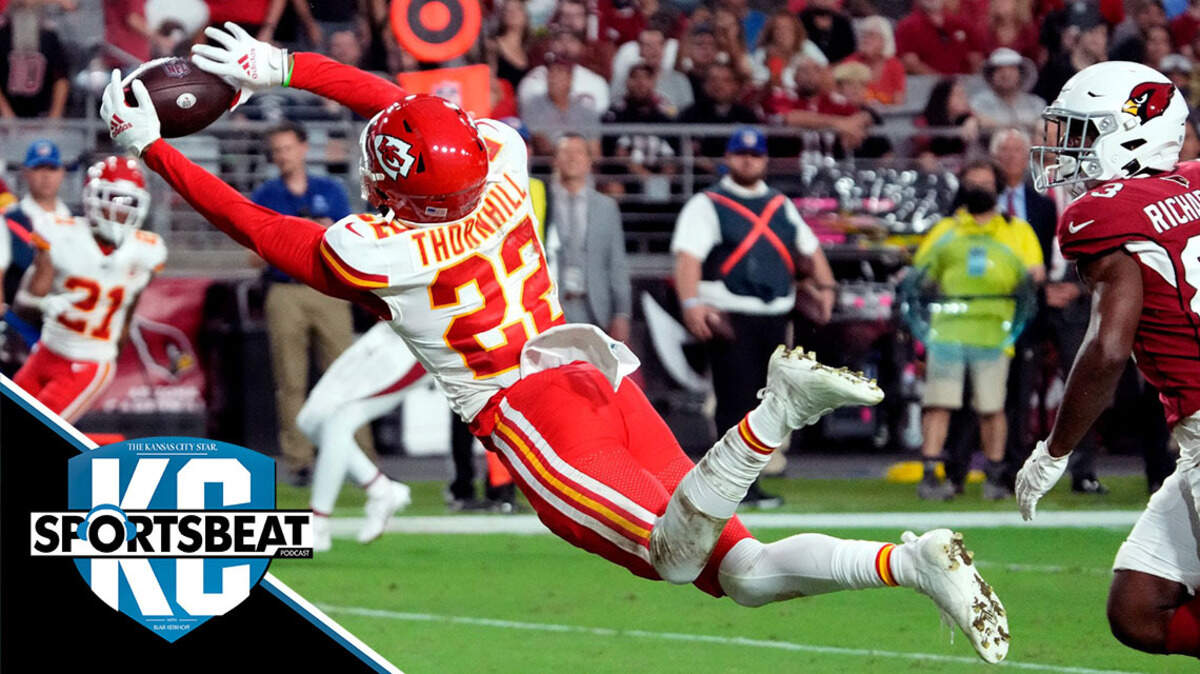 Kansas City Chiefs defensive back Juan Thornhill (22) intercepts a pass in the end zone against the Arizona Cardinals during the first half of an NFL football game, Friday, Aug. 20, 2021, in Glendale, Ariz. (AP Photo/Rick Scuteri)