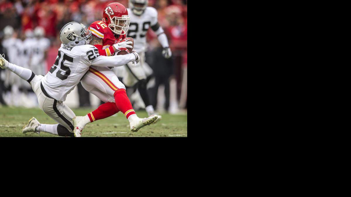 
Chiefs wide receiver Albert Wilson (right) showed his potential the last part of the season, including a game against the Raiders when he caught this 48-yard pass.



