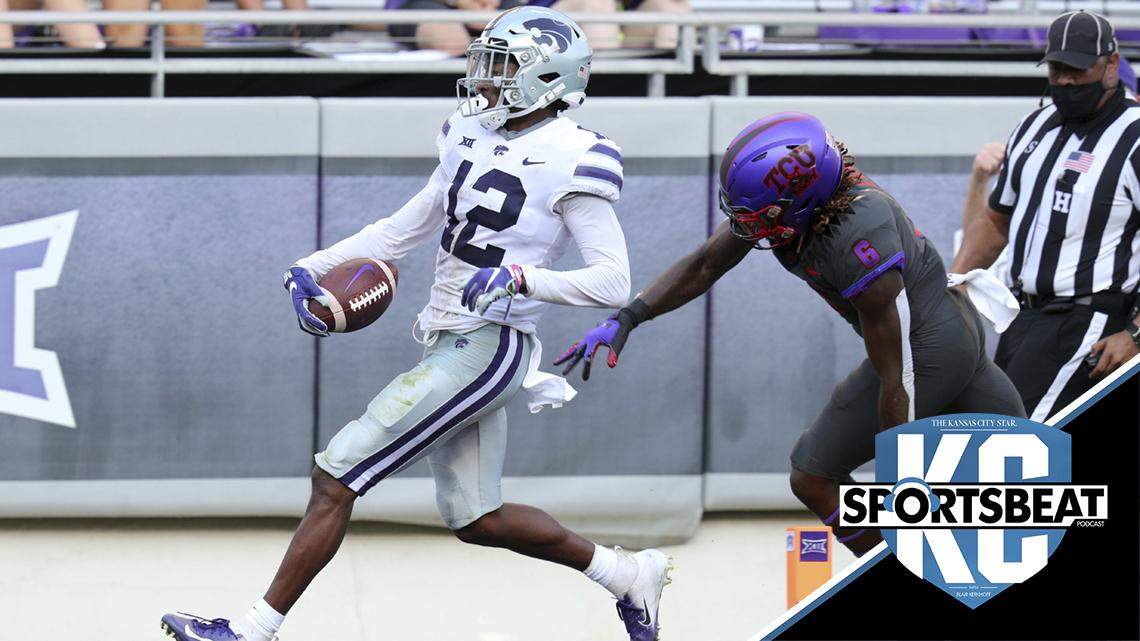 Kansas State defensive back AJ Parker (12) scores on an interception ahead of TCU running back Zach Evans (6) in the third quarter of an NCAA college football game Saturday, Oct. 10, 2020, in Fort Worth, Texas. (AP Photo/Richard W. Rodriguez)