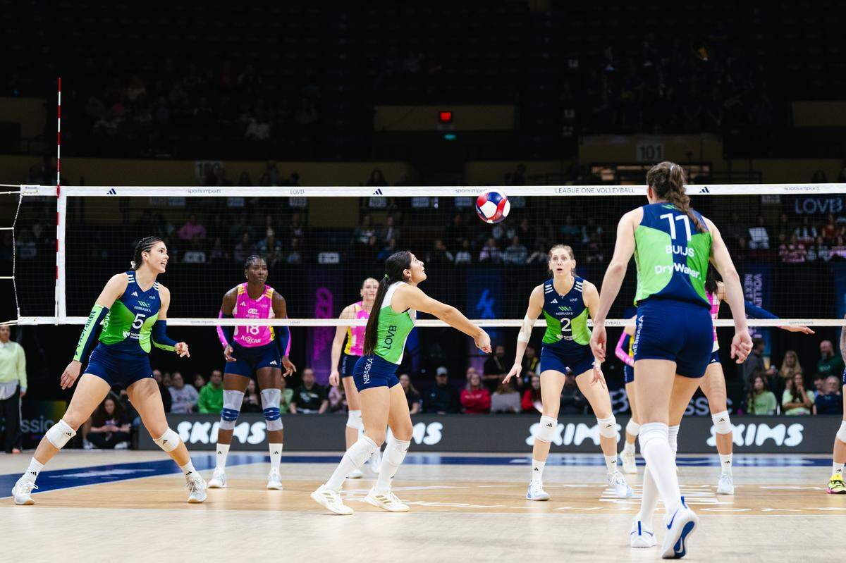 LOVB Nebraska middle blocker and Mizzou alum Emily Thater, right center #2, played in European leagues before coming back to the United States to play in League One Volleyball. She was one of several players with ties to Missouri who used to play in Triple Crown NIT as a youth player.