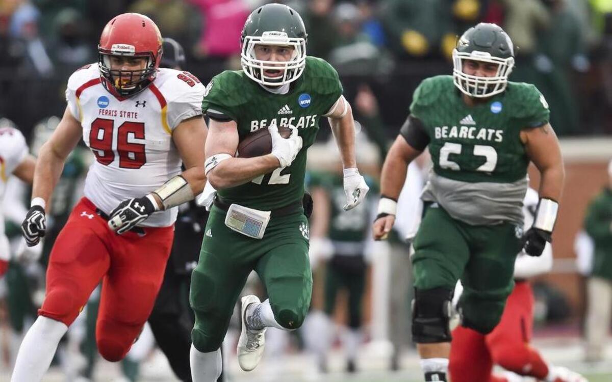 Northwest Missouri State wide receiver Randy Schmidt breaks away from Ferris State's defense during the Bearcats’ national semifinal victory on Saturday, Dec. 10, 2016, in Maryville, Mo.