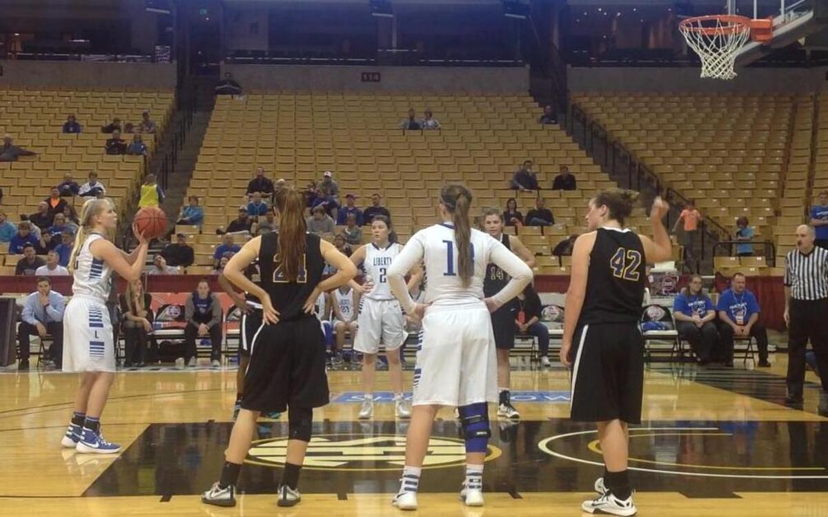 Morgan Fleming prepares to launch a free throw for Liberty during the Blue Jays’ 53-46 victory over Francis Howell last Friday in the Missouri Class 5 girls basketball third-place game at Mizzou Arena.