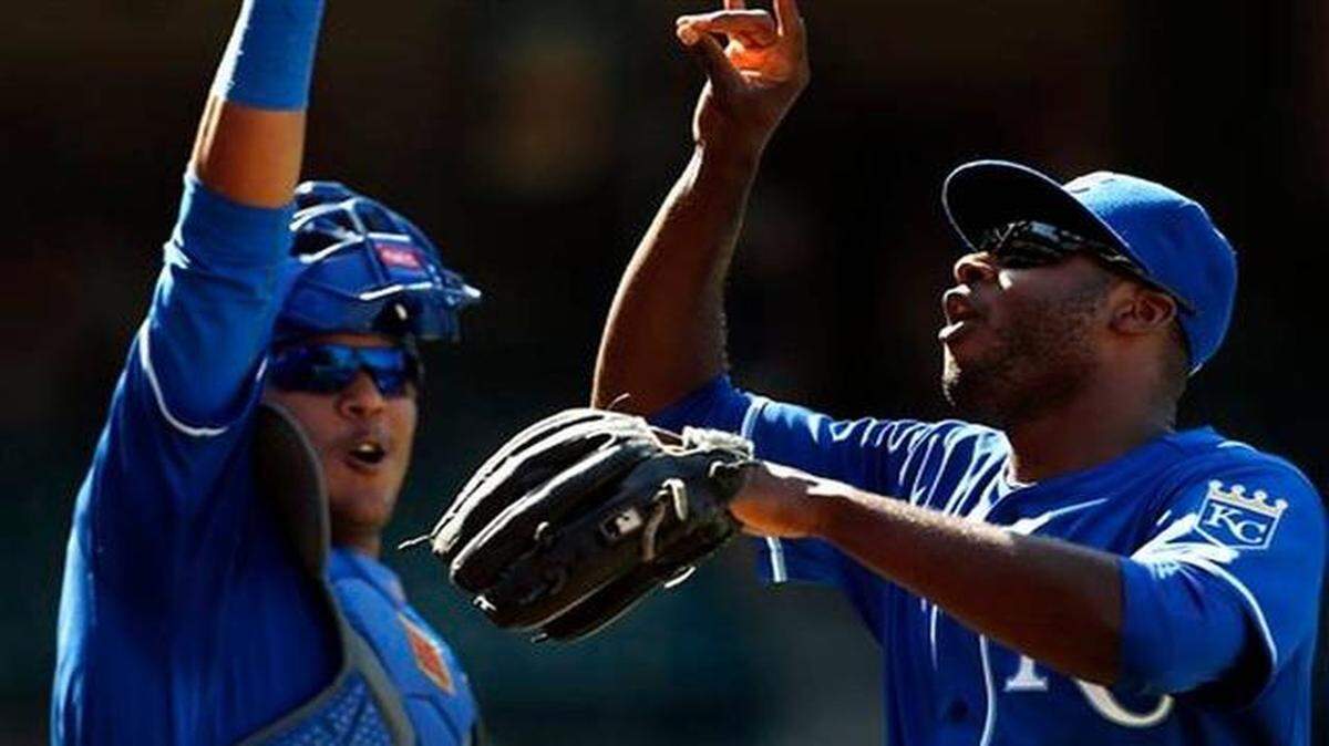 
Royals catcher Salvador Perez (left) celebrated with Lorenzo Cain after sweeping the Los Angeles Angels in April. 
