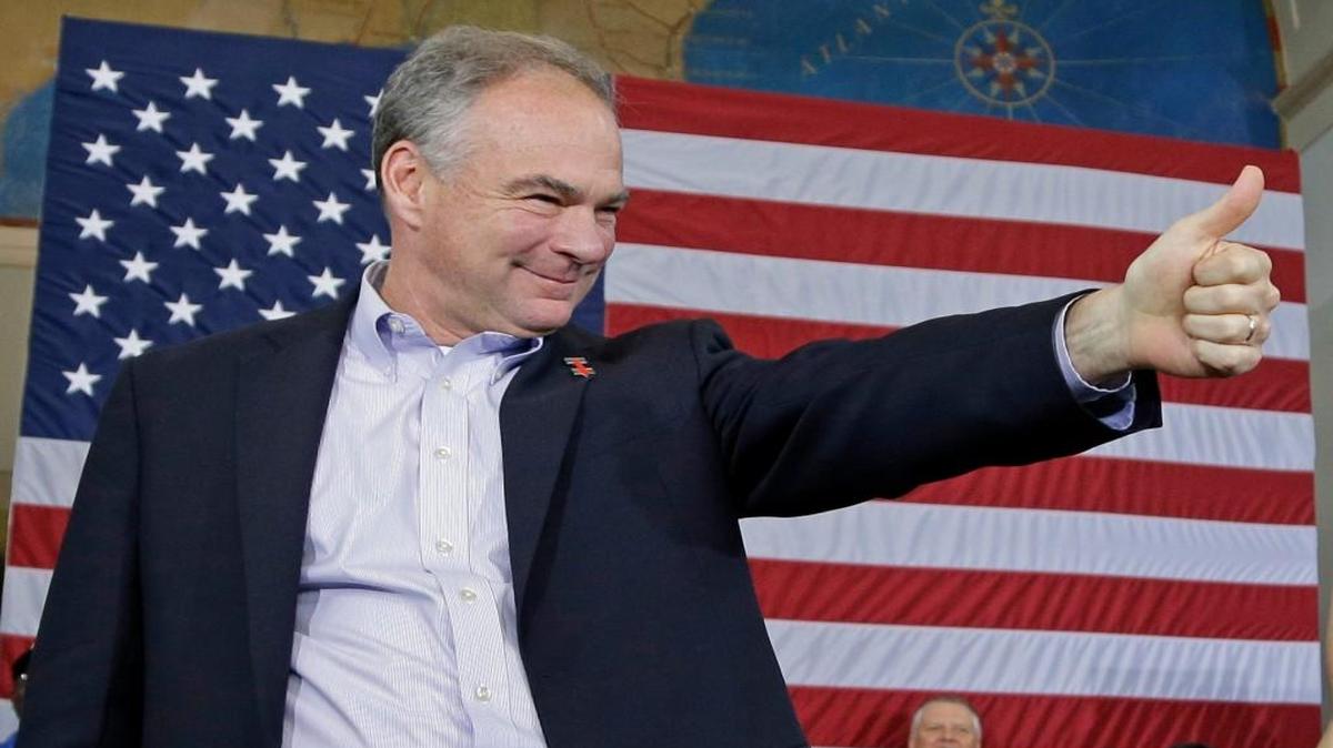 Democratic Vice Presidential candidate, Sen. Tim Kaine, D-Va. gives a thumbs up as he is introduced during a rally at the J Douglas Galyon Depot in Greensboro, N.C.